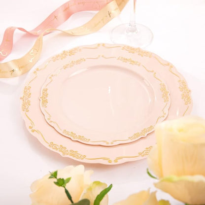 DaYammi 60 PCS Pink Gold Plastic Plates, Pink Disposable Plates with Gold Rim Include: 30 Dinner Plate, 30 Dessert Plate for Party, pink plastic plates with Vintage lace for Wedding