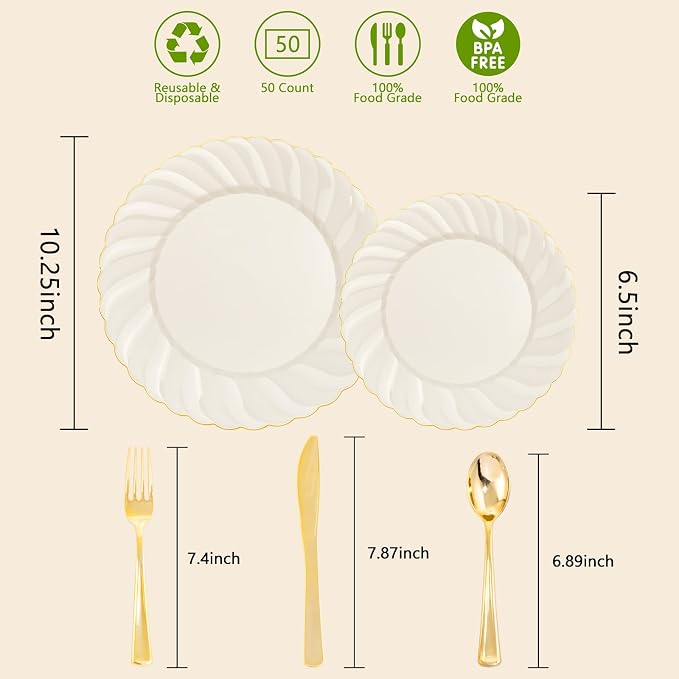 YOUBET 125PCS Ivory Scalloped Plastic Plates - Image 2