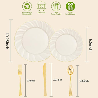 YOUBET 125PCS Ivory Scalloped Plastic Plates - Image 2
