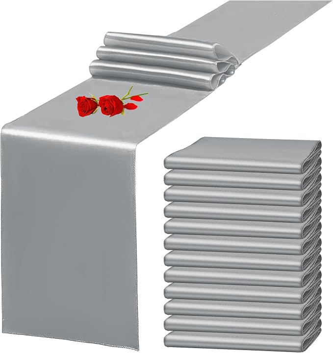12 Pack Grey Satin Table Runner 12 x 108 Inch Long Premium Table Runners by YMHPRIDE