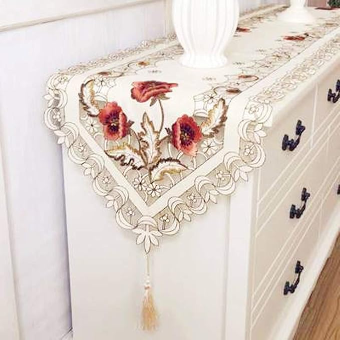 LeLehome 15 Inch X 58 Inch Classic Table Runner, Rose Flowers Embroidered Lace - Image 7