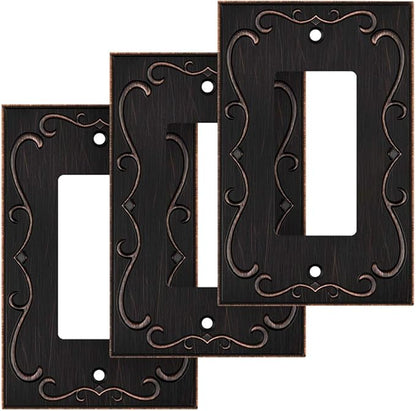 French Cabriole Decorative Wall Plate Switch Plate Outlet Cover (Single Decorator, 3 Pack, Aged Bronze)