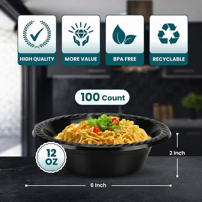 R-kay 100 Count 12 Oz Black Plastic Bowls Disposable - Image 5