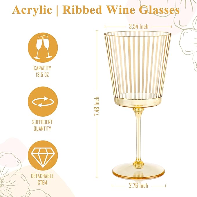 24 PCS Gold Ribbed Plastic Wine Glasses 13.5 OZ Ribbed Wine Glasses Detachable Wine Glass Elegant Fluted Glassware Vintage Style for Wedding Anniversary Birthday Dinner Parties