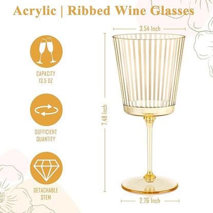 12 PCS Gold Ribbed Plastic Wine Glasses 13.5 OZ Ribbed Wine Glasses Detachable Wine Glass Elegant Fluted Glassware Vintage Style for Wedding Anniversary Birthday Dinner Parties
