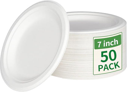 Aricsen 50 Pack 7 Inch Compostable Disposable Round Paper Plates, Natural White Biodegradable Sugarcane Bagasse PFAS-Free Eco-Friendly Dinner Plates for Party Wedding Picnic BBQ (50, 7 INCH)
