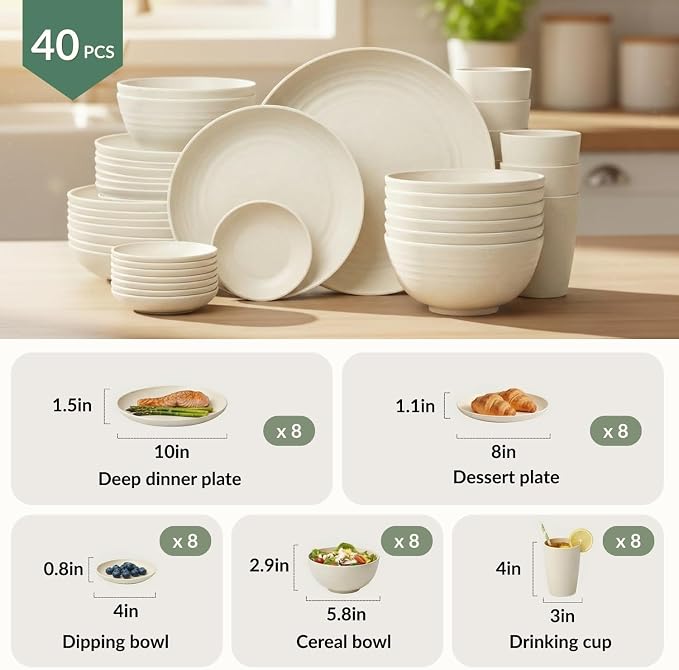 Wheat Straw Dinnerware Sets 40 PCS Plates and Bowls Sets - Image 2