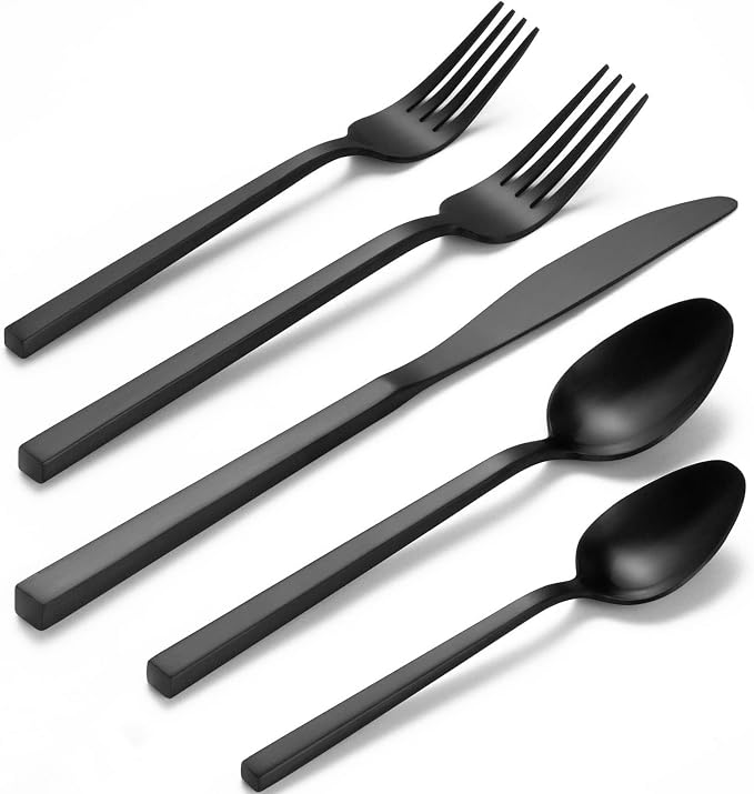 Alata Cube Matte Black 40-Piece Flatware Set, Forged Cutlery Set, Service by Alata