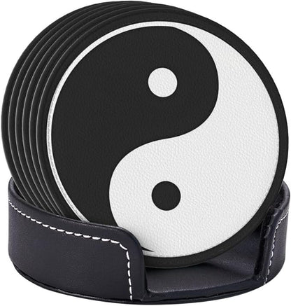 6 Pcs Funny Black and White Yin and Yang Leather Coasters - Image 6