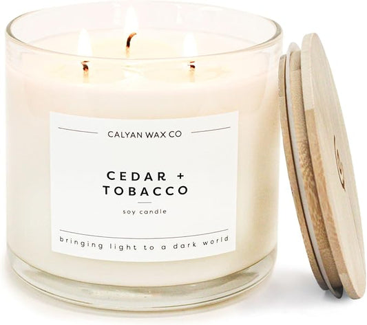 Calyan Wax Co. Cedar & Tobacco 3 Wick Scented Candle - 43 Hour Burn - Luxury 3 Wick Soy Candles - Non Toxic Soy Wax Candles - Long Lasting Large Glass Jar Candle for Home - 14.9oz
