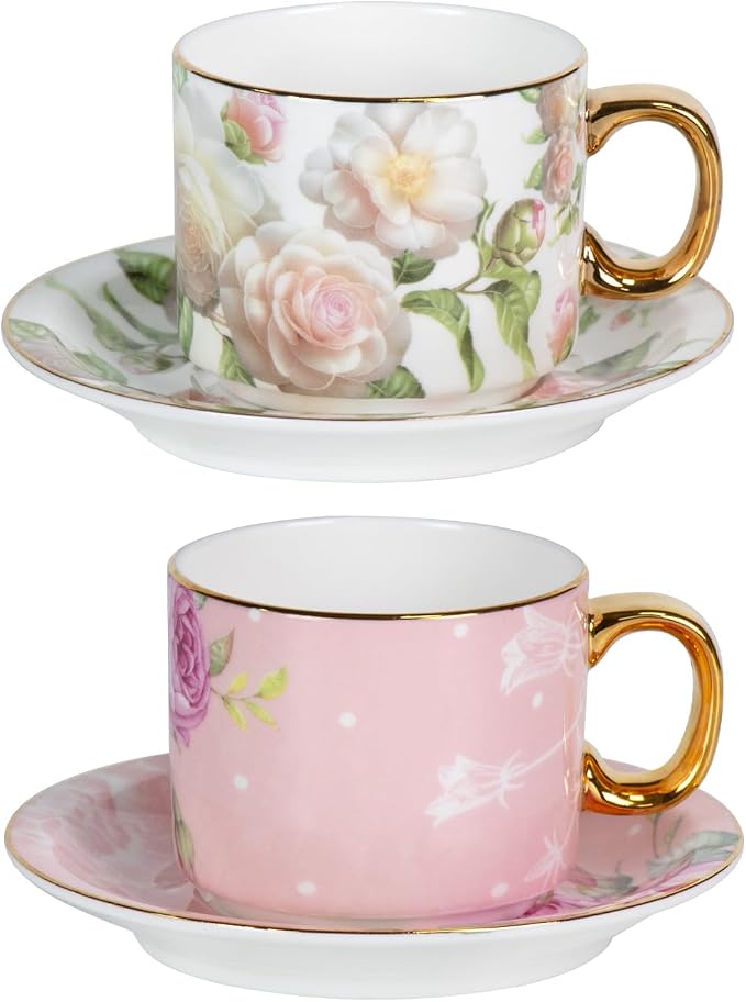 KAMMAK Tea Cups and Saucers Set of 2, Porcelain Coffee Cups, JBE025 | Stackable by KAMMAK