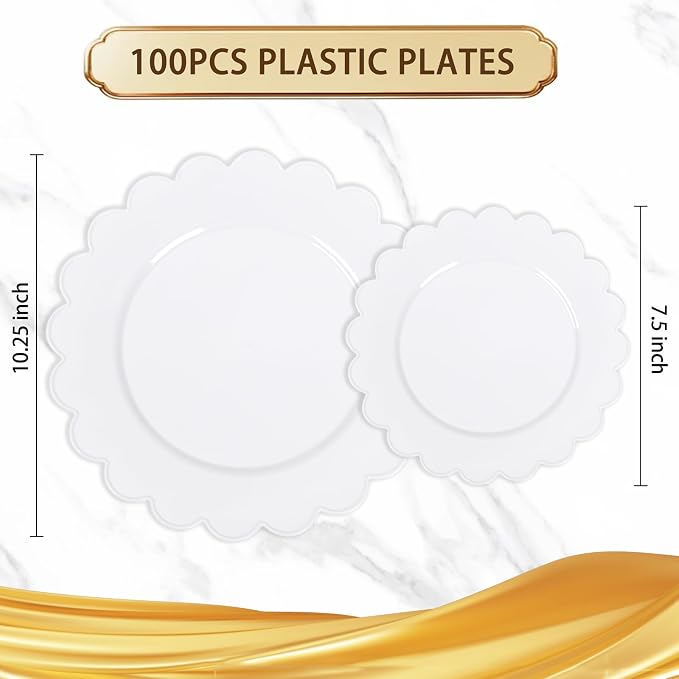 100Pcs White Scalloped Plastic Plates Set - Image 9