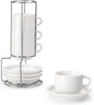 MALACASA 4 OZ Porcelain Espresso Cups with Saucers and Metal Stand Set of 4, Stackable Cappuccino Cups, White Expresso Shots Cup Set for Coffee Drinks, Latte, Tea