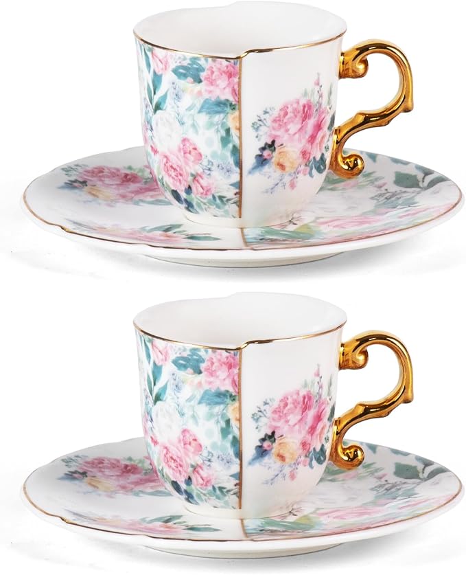 KAMMAK Tea Cups and Saucers Set of 2, 4 oz Porcelain Coffee Cups, YX013 | by KAMMAK