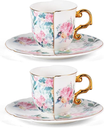KAMMAK Tea Cups and Saucers Set of 2, 4 oz Porcelain Coffee Cups, YX013 | by KAMMAK