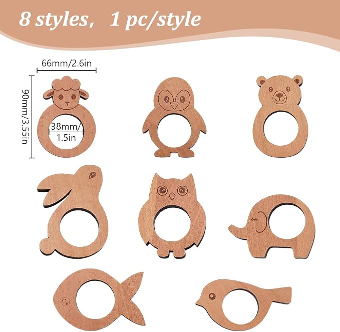 Wooden Napkin Rings Set of 8 Animal Shape Napkin Holder Rings Wood Napkin Holder - Image 2