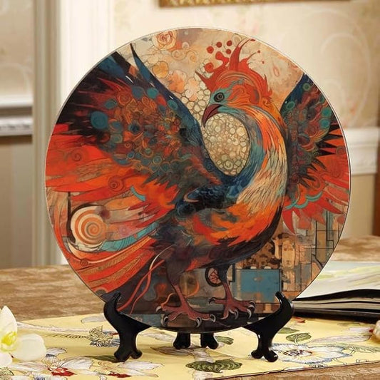 Fire Phoenix Ceramic Display Plate 10-inch Round, Home Decor with Stand & Hook DP-20989909