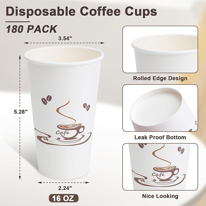 Lamosi 180 Pack 16 oz Coffee Cups, Disposable Paper Cups | Hot/Cold Beverage - Image 2