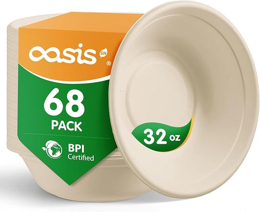 𝟯𝟮 𝗼𝘇, 𝟲𝟴-𝗣𝗮𝗰𝗸 Compostable Paper Bowls, Heavy-Duty Biodegradable Disposable Bowls Made from Bagasse, Eco-Friendly, Microwave & Freezer Safe (Natural)