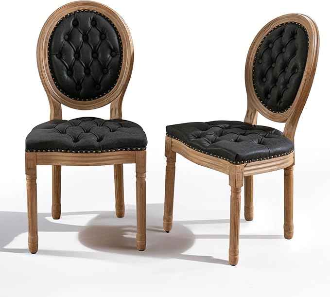 SoarFlash French Dining Chairs Set of 2, Vantage Dining Chair with Round Back, Wood Leg Farmhouse Country PU Leather Dining Chair for Kitchen,Bedroom,Black