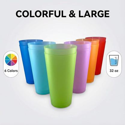 32 oz Plastic Cups Large Reusable set 12, Plastic Tumblers Bright | Food Grade - Image 2