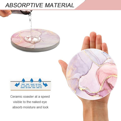 Lahome Marble Style Coasters - Round Drinks Absorbent Stone Coaster Set with Ceramic Stone and Cork Base for Kinds of Mugs and Cups (Lavender, 4)