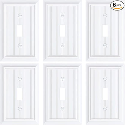 6-Pack Classic Beadboard Single Toggle Light Switch Cover Plate, Durable Natural Bamboo Fiber Decorative Switch Plate Covers, Pure White 1 Gang Wall Plate