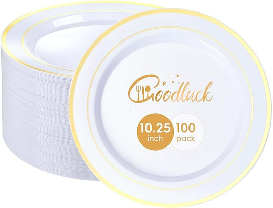 Goodluck 100PCS Gold Plastic Plates, 10.25 Inch Dinner Plate with Gold Rim, Heavy Duty Disposable Plastic Plates for Party, Wedding, Birthday & Daily Use
