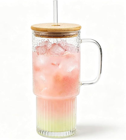 32 oz Glass Tumblers with Handle, Glass Cup with Bamboo Lid & Straw | Cup by MINGHYZYA