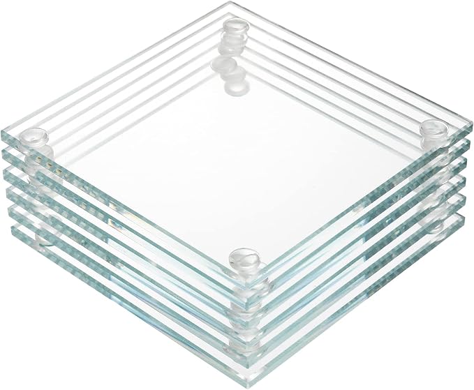 Set of 6 Square Glass Drink Coasters, 3.5"x3.5" Crystal Coasters by YOUEON