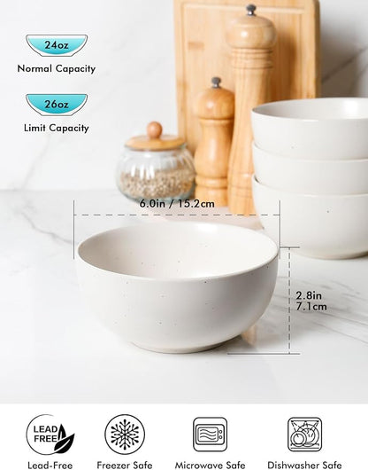 AISBUGUR Cereal Bowl, Ceramic Bowls Set of 4, 26oz Large Soup Bowls for Kitchen Dishwasher & Microwave Safe, Perfect for Cereal, Soup, Oatmeal, Salad, Pasta, Dessert, Rice, Matte White