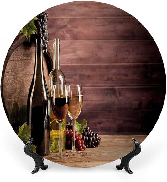 Decorative Plates, Wine Print Ornament, Rustic Viticulture Concept, 10 Inch, Kitchen Wall Decor, Brown Green Light Brown