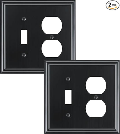 2-Pack Combo Toggle/Duplex Light Switch Cover Plate, Black Wall Outlet Cover Plate, Decorative Wall Receptacle Cover for Electrical Outlets, Light Switch, Durable Solid Zinc Alloy