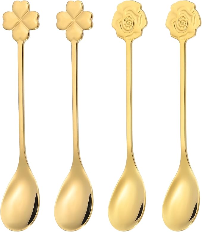 PATIKIL 4pcs Coffee Spoons, Rose/Four Leaf Grass Tea Spoons 304 Stainless Steel by PATIKIL