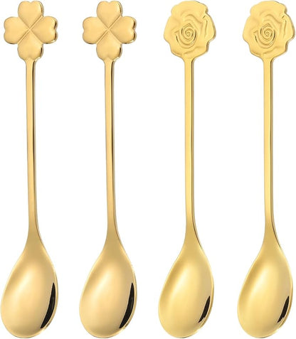 PATIKIL 4pcs Coffee Spoons, Rose/Four Leaf Grass Tea Spoons 304 Stainless Steel by PATIKIL