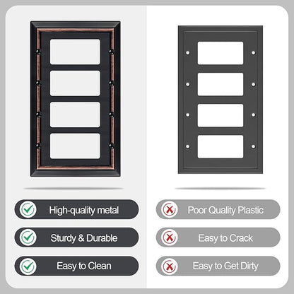 Metal Wall Plate for Electrical Outlets, Decorative Aged Bronze Switch Plates Outlet Cover, Light Switch Cover Plate, 4-Gang Wall Plates (Quad Decorator, 1 Pack)