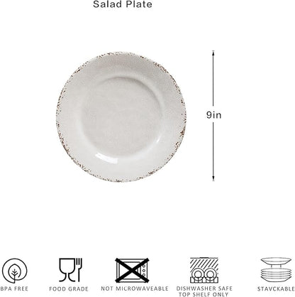 6-Piece Farmhouse Salad Plates Set, BPA Free and Chip Resistant 9-Inch Lightweight Round Melamine Plates, White Plate for Dessert, Salad, Appetizer, and Cake, Small Dinner Plate