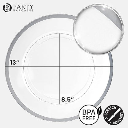 PARTY BARGAINS 13-Inch Charger Plates - 8 Pack, Clear Silver Rim, Heavy-Duty Disposable Chargers for Elegant Dining - Ideal for Weddings and Formal Events