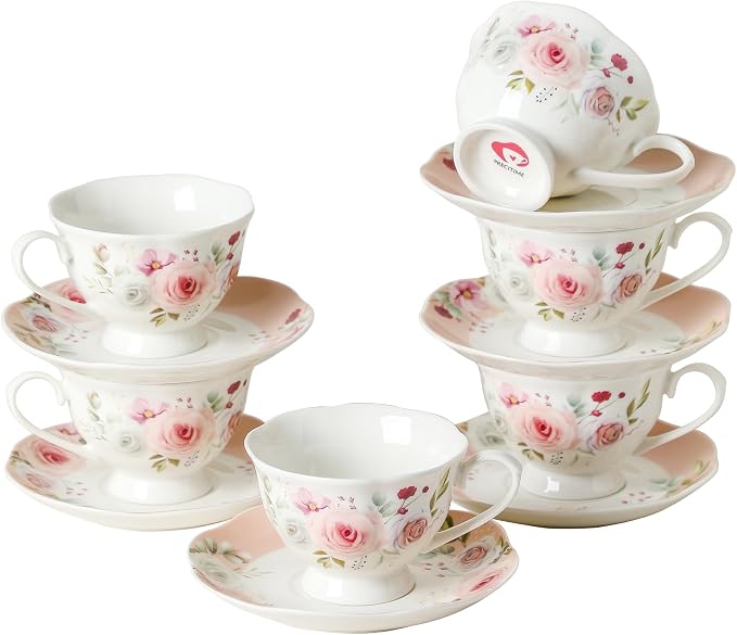 6oz Floral Porcelain Tea Cup & Saucer Set of 6, Party | Rose pattern by PRECITIME