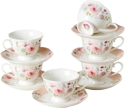 6oz Floral Porcelain Tea Cup & Saucer Set of 6, Party | Rose pattern by PRECITIME