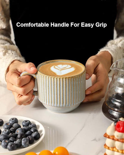 HASENSE Coffee Mug Ceramic Set of 4 - 15 oz Rustic Farmhouse Stackable Ribbed - Image 6