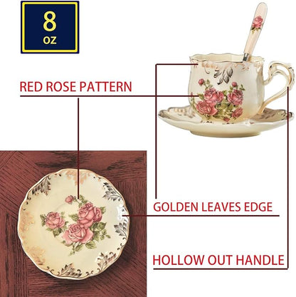 YOLIFE Tea Cups and Saucers Set of 6, 8 OZ Pink Rose Coffee Cups | Ivory - Image 4