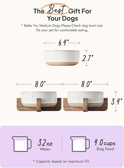 LE TAUCI PET Ceramic Dog Bowls for Medium Small Dogs - 4 Cup Medium Dog Food and Water Bowls with Wood Stand, Cute Pet Dishes Set of 2, Lines+Dot