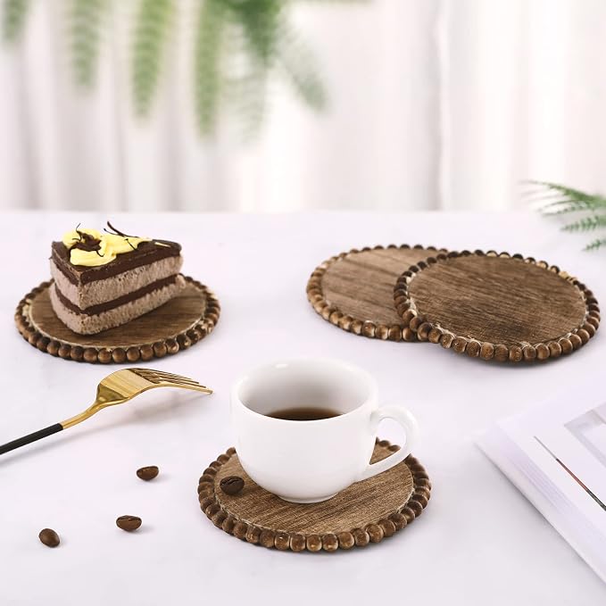 Honeydak 4 Pieces Wood Beaded Coasters 3.9 Inch Round Rustic Farmhouse Wooden - Image 4