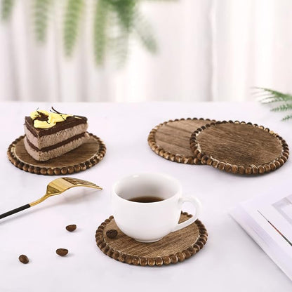 Honeydak 4 Pieces Wood Beaded Coasters 3.9 Inch Round Rustic Farmhouse Wooden - Image 4