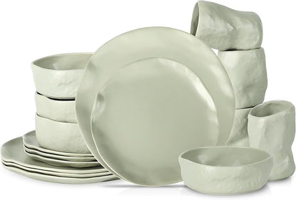 Stone by Mercer Project Atik Modern Stoneware 16-Piece Dinnerware Set, Plate and Bowl Set, Dish set for 4, Sage-Grey