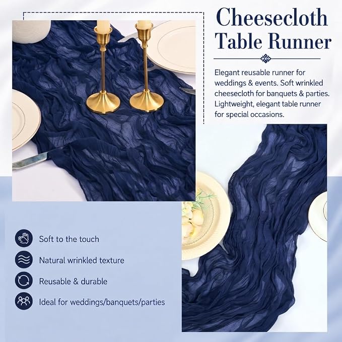 2 Pack Navy Blue Cheesecloth Table Runner 17x108 Inch Boho Rustic Semi Sheer - Image 5