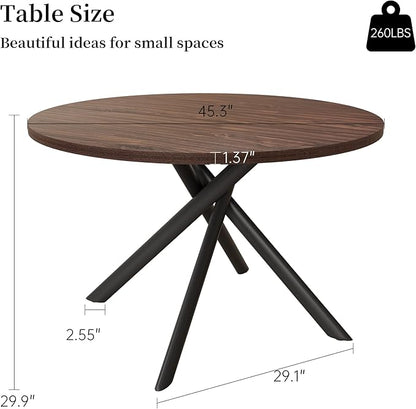 45.3 Inch Modern Round Dining Table for 4, Space-Saving Dinette with Carbon Steel Legs for Home Kitchen Apartment(Dark Walnut Table)