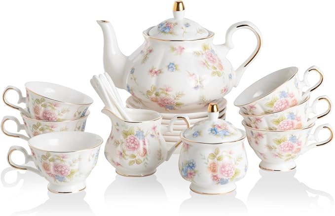 Sweejar Porcelain Tea Set Vintage Floral, British Relief Gold Rim Teapot Cup by Sweejarco1949