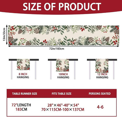 Christmas Winter Table Runner, Holly Berry Pine Cone Needle Branch Table - Image 2